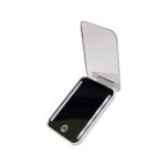A compact mirror with LED lighting, featuring a sleek silver frame and a reflective black surface.