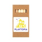 A brown box containing wooden sticks, featuring a logo in yellow and blue.