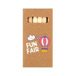 A brown kraft packaging with a cut-out window, containing wooden popsicle sticks and colorful illustrations.