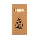 A brown cardboard packet containing wooden sticks with a logo. The packet features a pizza slice design.