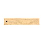 A wooden ruler featuring both inch and centimeter measurements, with clear markings along its length.