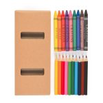 A pencil and crayon set featuring vibrant colors, including red, yellow, blue, and purple, in a cardboard box.