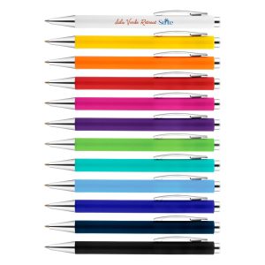 A collection of Aspen Plastic Pens in various colours, featuring a silver-tone clip and top. Each pen has a logo.