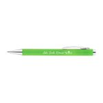 A bright green plastic pen with a silver clip and a branded logo on the barrel.
