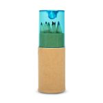 A tube containing colored pencils in green and blue, with a transparent lid and a brown paper base.
