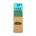 A tube containing green-colored pencils with a blue lid and a brown kraft paper sleeve, including branding.