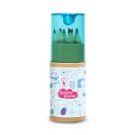 A tube containing green and other colored pencils, featuring playful illustrations on the packaging and a clear lid.