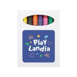 A short handle calico bag featuring a colorful "Play Landia" design, accompanied by a set of crayons in various colors.