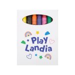 A short handle calico bag featuring the text "Play Landia" and various colorful crayons.