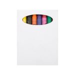 A crayon set featuring multiple vibrant colors neatly arranged in a compact white packaging with an oval cutout.
