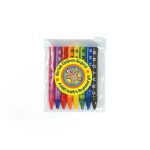 A PVC zipper pouch containing six coloured crayons in various vibrant colors, featuring a logo on the front.