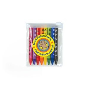A PVC zipper pouch containing six coloured crayons in various vibrant colors, featuring a logo on the front.