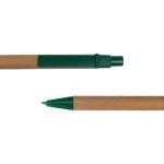 A cardboard pen with a green cap and tip, featuring a natural kraft paper barrel.