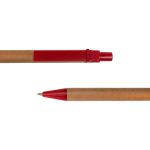 A cardboard pen with a red cap and tip, featuring a simple and eco-friendly design.