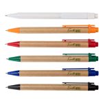 A collection of six pens in various colors, including white, orange, red, green, blue, and black, with cardboard bodies.