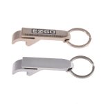 A drink bottle opener and keytag set in silver and metallic grey, featuring a logo on one opener.