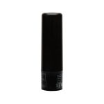 A black lip balm stick with a smooth surface and a round top, featuring a logo on the base.