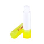 A lip balm stick in a vibrant yellow tube, featuring a white cap and clear body for easy viewing of the product inside.