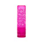 A lip balm stick in a vibrant pink tube featuring white illustrations of various candies and desserts.