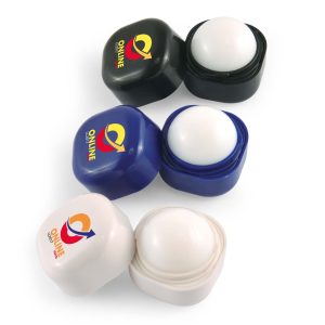 Cube Lip Balm in various colors including black, blue, and white, featuring a logo on the top of each container.