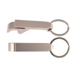A drink bottle opener and keytag in silver color with a ring attachment, featuring a sleek, minimalist design.