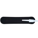 A bamboo pen with a white tip, resting in a black sleeve. The product features a simple, sleek design.