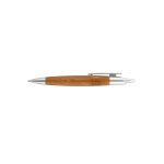 A bamboo pen featuring a sleek silver top and a natural bamboo body, designed for writing.
