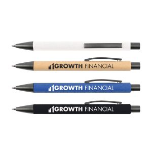 A set of four Aspen Paper Pens in white, kraft, blue, and black, each with a logo.