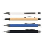 Four Aspen Paper Pens in white, kraft, blue, and black with metal accents and clips. Each pen has a logo.