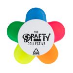 A flower-shaped highlighter set featuring green, blue, pink, and orange colours, with a circular white base and branding.