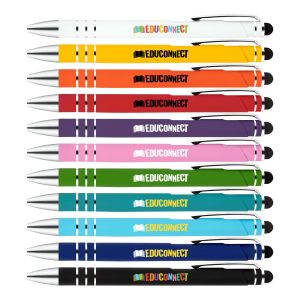 A collection of stylus pens in various colors, featuring a branding logo on each pen.
