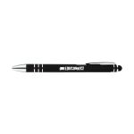 A stylus pen featuring a sleek black design with silver accents and an engraved logo.