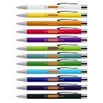 A collection of colourful metal pens in various shades including white, yellow, orange, purple, green, and blue, each with a logo.