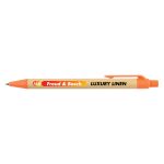 A pen with a wooden barrel labeled "Freud & Bosch LUXURY LINEN" in bold lettering, featuring an orange tip and clip.
