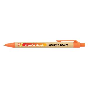 A pen with a wooden barrel labeled "Freud & Bosch LUXURY LINEN" in bold lettering, featuring an orange tip and clip.