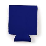 A blue stubby cooler with a fitted base and a smooth surface, featuring a logo on one side.