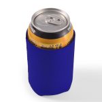 A drink can is nestled in a blue stubby cooler. The cooler is designed to keep beverages cold.