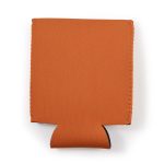 A drink bottle cooler in an orange color with a soft fabric exterior and a foldable bottom for easy storage.