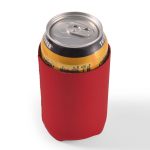 A drink can cooler in bright red, featuring a snug fit for standard beverage cans, with a logo on the side.
