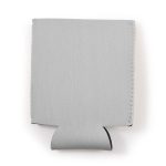 A gray stubby cooler with a simple design and a bottom flap. It features branding on one side.