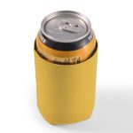 A drink bottle is wrapped in a bright yellow stubby cooler, designed to keep beverages cold and provide grip.