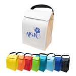 A white cooler lunch bag with a logo, surrounded by colorful cooler bags in yellow, orange, red, green, blue, and black.