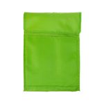 A bright green cooler lunch bag with a flap closure and a single pocket on the front. It features a logo.