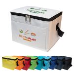 A white cooler bag with a logo, featuring a zippered closure and a black handle. Seven colorful bags in various shades are below.