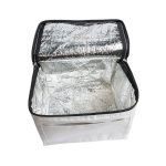 A cooler bag in light grey with a reflective silver interior and a zippered opening. It has a simple design and no visible branding.