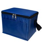 A blue cooler bag with a zip closure and a front pocket.
