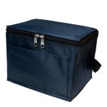 A cooler bag in navy blue with a zippered closure and a front pocket, designed for carrying beverages and food.