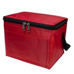 A red cooler bag featuring a zippered closure and a side handle. It has a smooth exterior with an empty front pocket.