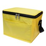 A bright yellow cooler bag with a zippered top and a side handle, featuring a pocket on the front.