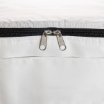 A white cooler bag featuring a black zip closure and dual zip pulls. The bag has a simple design with no visible branding.